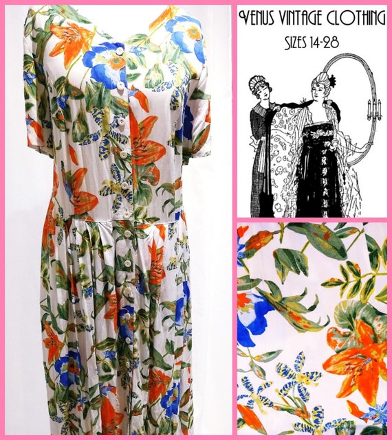 Plus Size UK 20 Vintage Tea Dress Floral Tropical  Boho Orange Blue  EU 48 US 16 Bust 46" 117cm