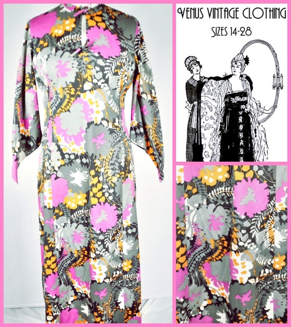 Plus Size UK 16 Vintage 1970s Maxi Dress Psychedelic Column Silky Boho EU 44 US 12 Bust 42" 107cm