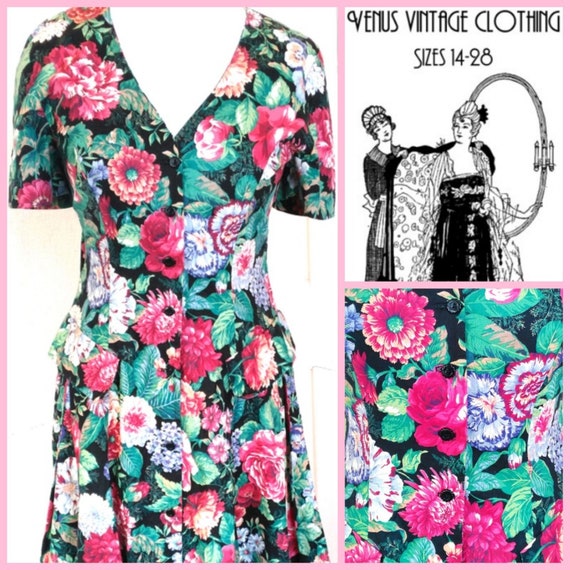 UK 14 Vintage 1950s-Style Floral Tea Dress Cottagecore Scarlet Green Roses  EU 42 US 10 Bust 40" 102cm