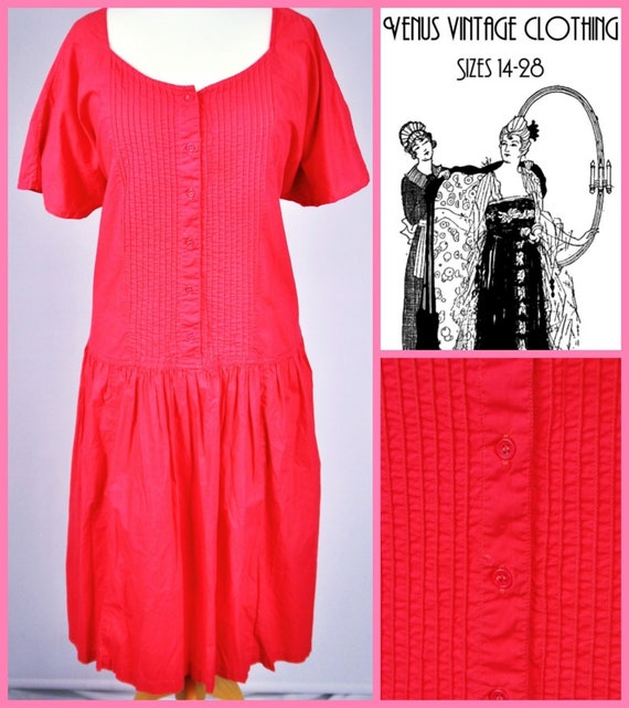 Plus Size UK 24 Vintage 1920s-Style Coral Cotton Dress Flapper Gatsby Downton Pintucks EU 52 US 20 Bust 50" 127cm