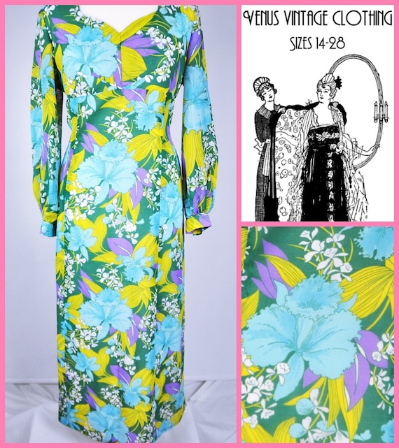 Plus Size UK 18 Vintage 1970s Maxi Dress Boho Psychedelic Floral Carnegie EU 44 US 14 Bust 44" 112cm