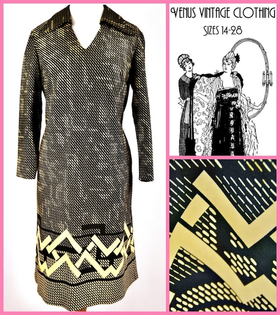 Plus Size UK 16 Vintage 1970s Dress  Carnegie Geometric Brown Beige Mod Bust 42" 107cm EU 44 US 12