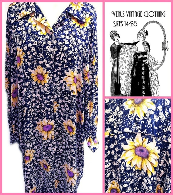 Vintage XXL 1970s Sunflower Dress Floral Silky Boho Sissy Bust to 64" / 160cm