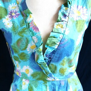 UK 12 14 Vintage 1960s Wrap Dress Wiggle Handmade Floral Blue Green Mad Men US 8 10 Bust to 40 102cm image 3