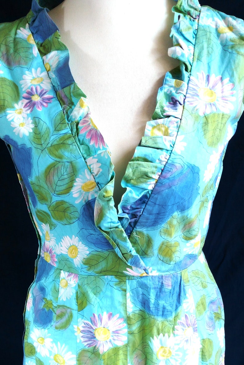 UK 12 14 Vintage 1960s Wrap Dress Wiggle Handmade Floral Blue Green Mad Men US 8 10 Bust to 40 102cm image 3