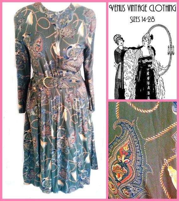 UK 14 1980s Vintage '50s-Style Tea Dress Paisley Rockabilly EU 42 US 10 Bust 40" 102cm