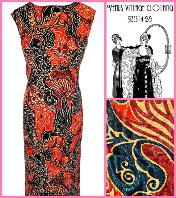 Plus Size UK 18 Vintage 1970s Maxi Column Dress Black Red Silver Lurex Metallic Psychedelic Boho  Bust 44" 112cm EU 46 US 14