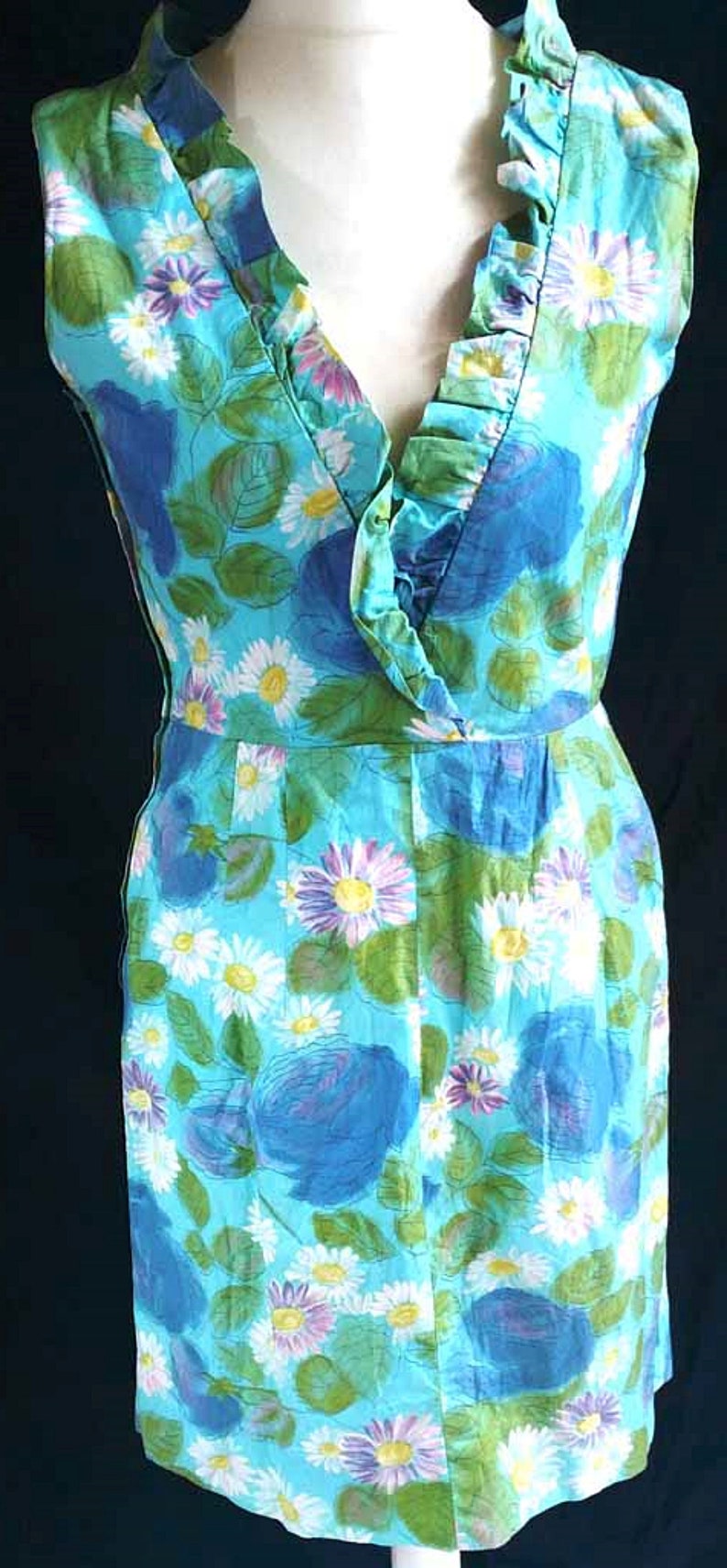 UK 12 14 Vintage 1960s Wrap Dress Wiggle Handmade Floral Blue Green Mad Men US 8 10 Bust to 40 102cm image 2