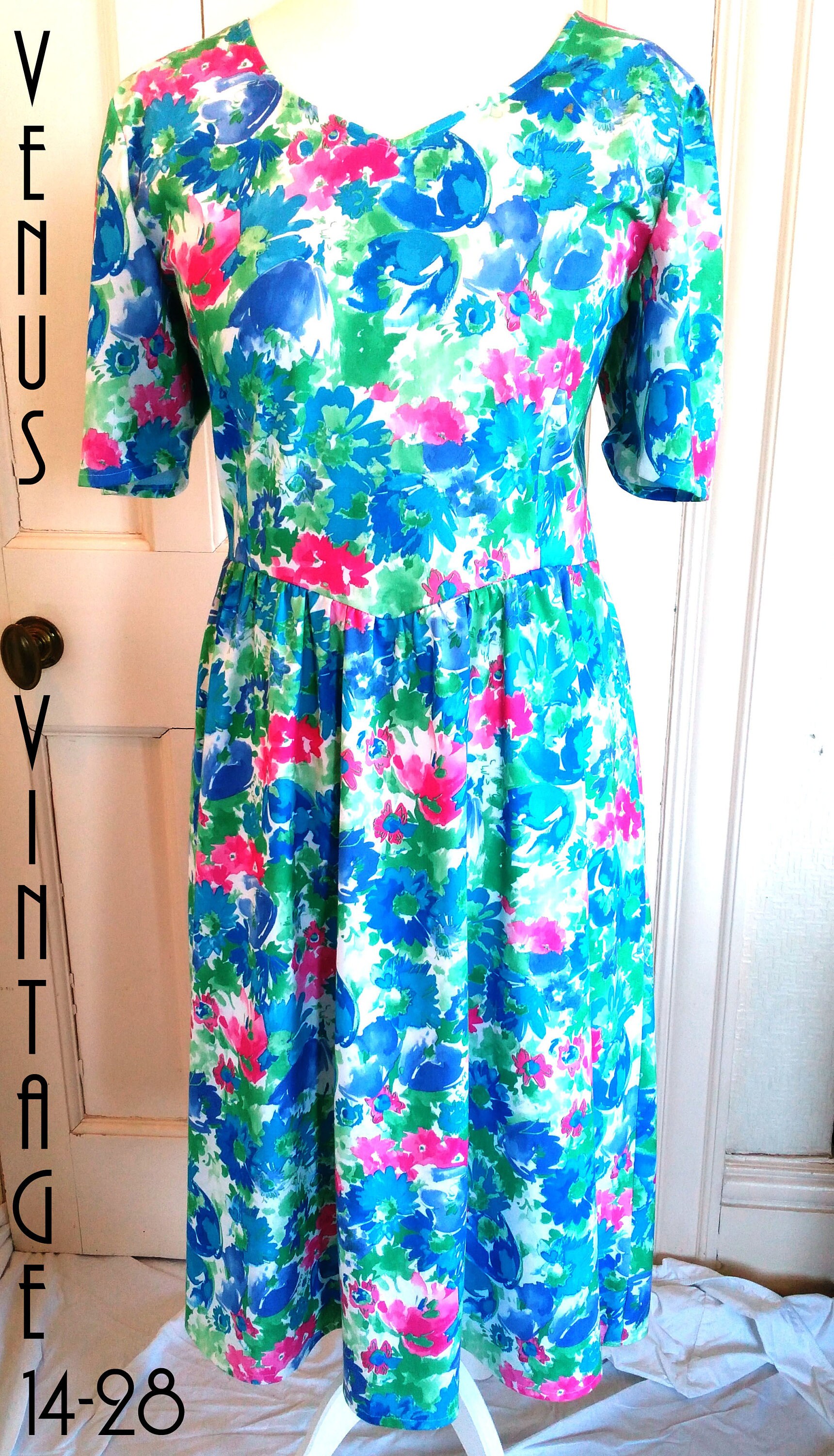 Plus Size UK 18 '80s Vintage 1950s-Style Floral Tea Dress Rockabilly Circle  Skirt EU 44 US 14 Bust 44 112cm