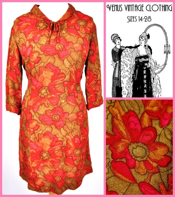 Plus Size UK 16 1950s Vintage Wiggle Dress Scarlet Cinnamon Floral Wool EU 44 US 12 Bust 42" 107cm