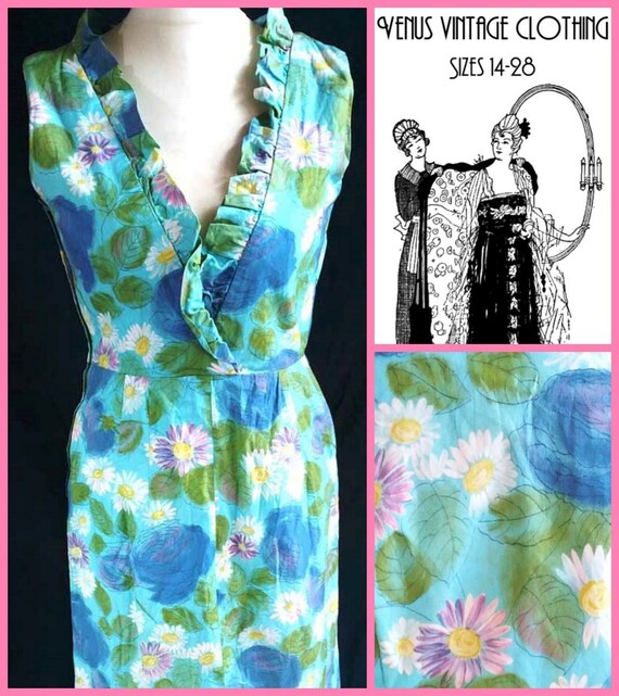 UK 12 14 Vintage 1960s Wrap Dress Wiggle Handmade Floral Blue Green Mad Men US 8 10 Bust to 40"  102cm