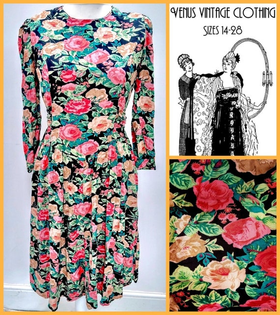 Plus Size UK 16 Vintage 1950s-style Tea Dress Floral Roses Cottagecore Rockabilly  EU 44 US 12 Bust 42" 107cm