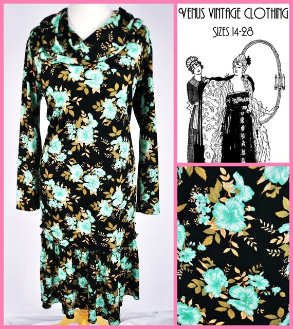 Plus Size UK 18 1970s Vintage Cocktail Dress Green Black Floral Silky Clifton Bust 44" 112cm EU 46 US 14