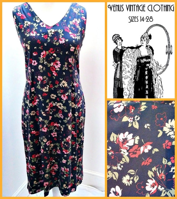 Plus Size UK 16 Laura Ashley Vintage Midi Slip Dress Floral Black Pink  Bust 42" 107cm US 12