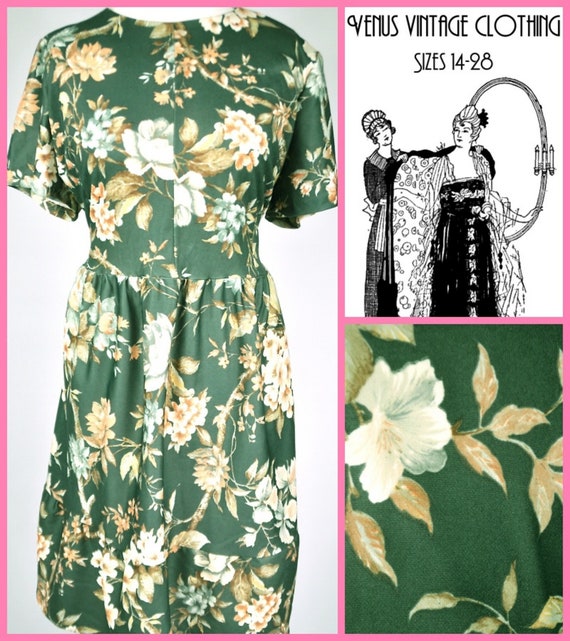 Plus Size UK 24 Vintage 1980s Tea Dress  Floral Satin Bespoke Bust 50" 127cm EU 52 US 20