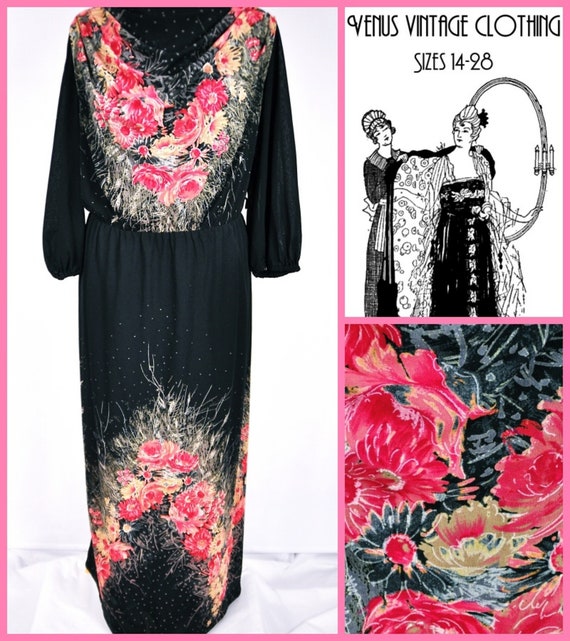 Plus Size UK 20 Vintage 1970s Maxi Dress Floral Chiffon Boho EU 48 US 16 Bust 46" 117cm