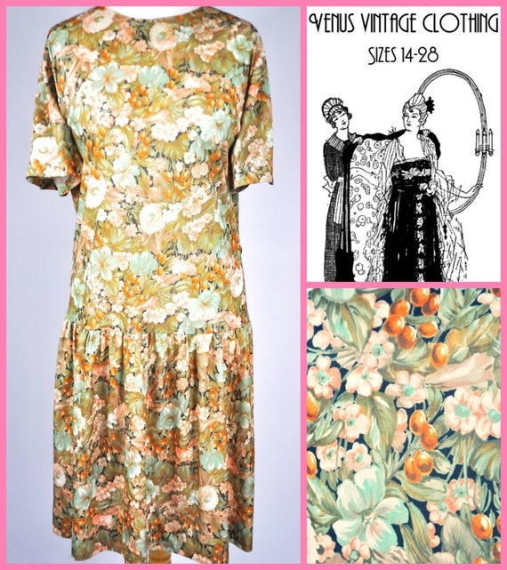 Plus Size UK 26 Vintage Cocktail Dress 1920s-Style Satin Floral Bespoke Bust 52"  133cm EU 54 US 22