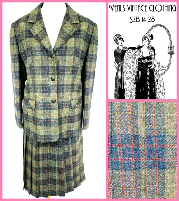 Plus Size 20 Vintage Green Tartan Suit Skirt Jacket Dark Academia Pure Wool UK 20 EU 46 US 16  Bust 46"  117cm