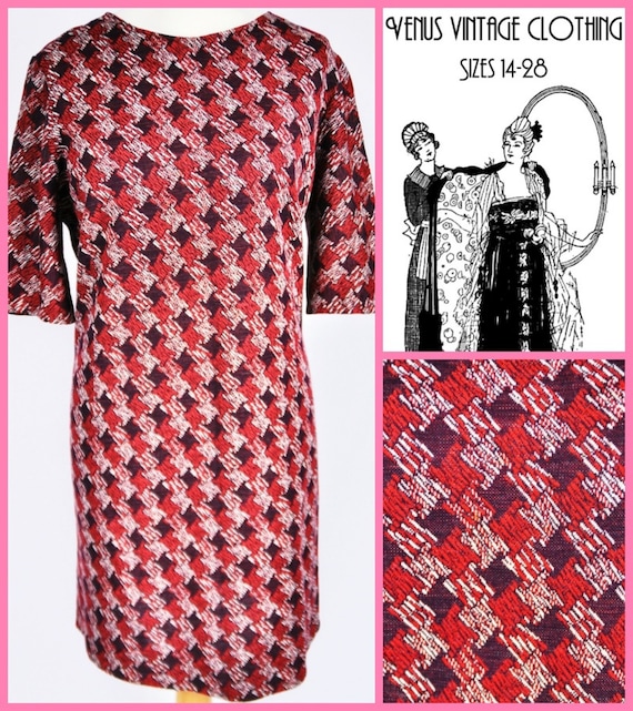 Plus Size UK 18 1960s Vintage Geometric Mini Dress Red A-Line Mod EU 46 US 14 Bust 44" 112cm