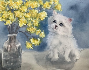 Original Watercolor Painting: Fluffy Kitten with Yellow Flowers (5 x 7)