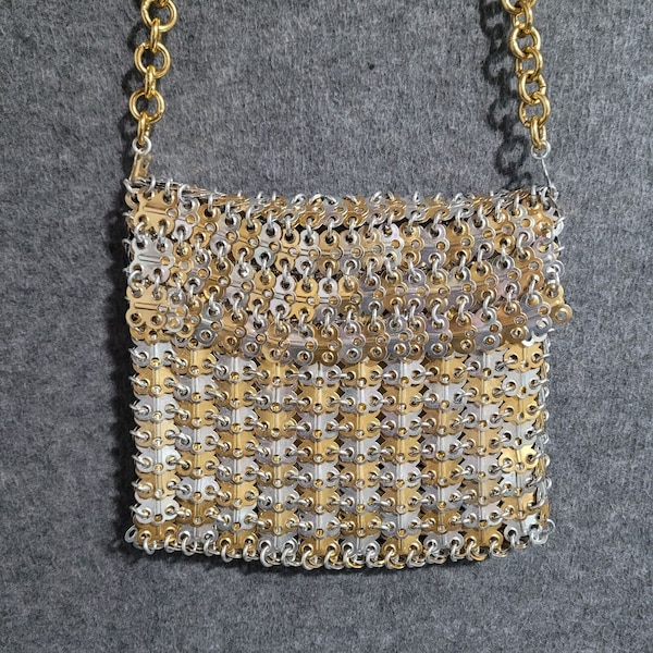 Walborg 1960s Gold & Silver Metal Tab Link Purse Mod Gogo Glam Disco Clubbing Paco Rabanne Style Retro Chain Link Handbag