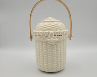 Vintage Partylite Nantucket Basket Porcelain Bisque LED Tealight Holder Beach Cottage Nautical Decor P7124 Retired