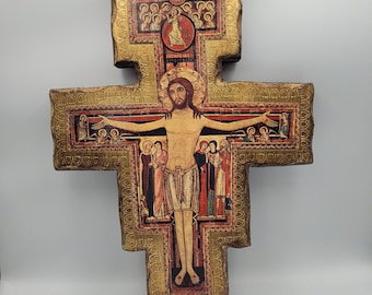 Vintage San Damiano St. Francis Wall Cross Crucifix Wood with Gold Gilt Made in Italy 17"H Wall Plaque