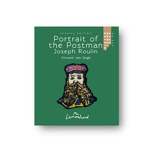 Puede incluir: Una tarjeta verde con el texto "Edición especial Retrato del cartero Joseph Roulin Vincent van Gogh" y una imagen bordada de un hombre con barba que lleva un uniforme azul y amarillo y un sombrero rojo. El texto "Mr. Lemonhead" está en la parte inferior de la tarjeta.