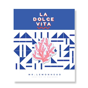 May include: A pink coral patch iron-on patch with a white background. The patch is on a white background with a blue and white geometric pattern. The text "LA DOLCE VITA" is at the top of the image in red and white letters. The text "MR. LEMONHEAD" is at the bottom of the image in black letters. The text "CRAFTED IN BANGKOK" is below the name in black letters.