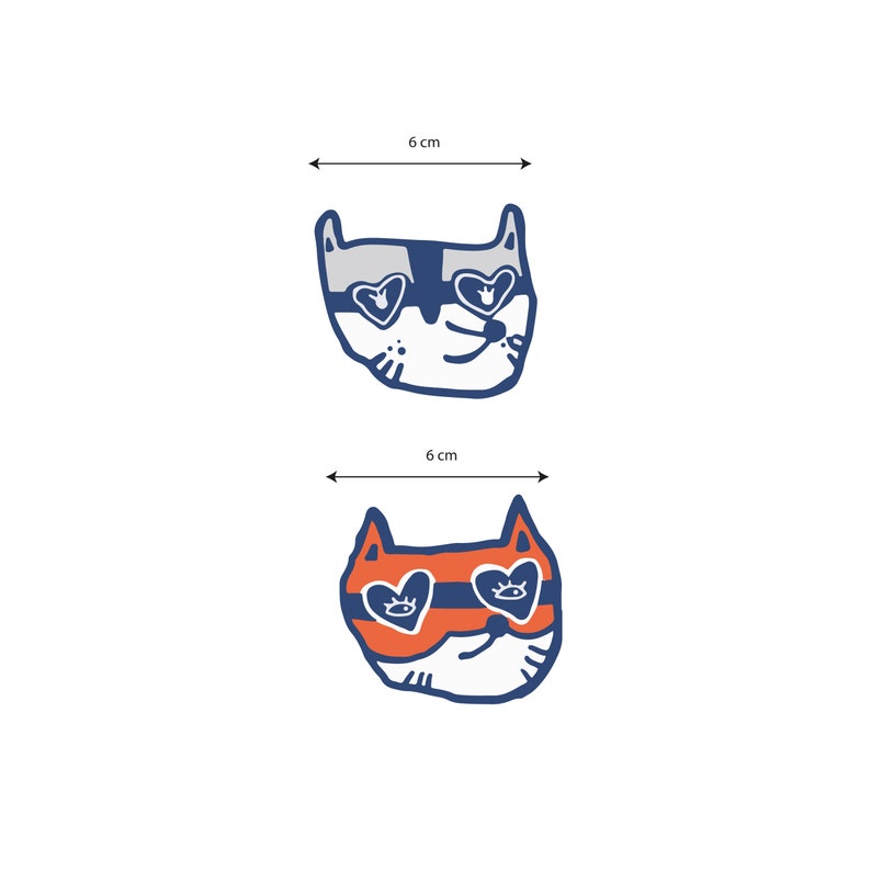 May include: Two cat face illustrations with heart-shaped sunglasses. The top cat is gray with blue sunglasses. The bottom cat is orange with red sunglasses. Each illustration is 6 cm wide.