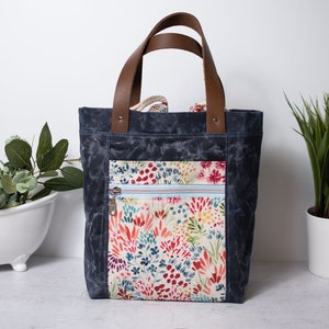 Knitting Project Bag - Floral Drawstring Purse - waxed canvas and leather handles