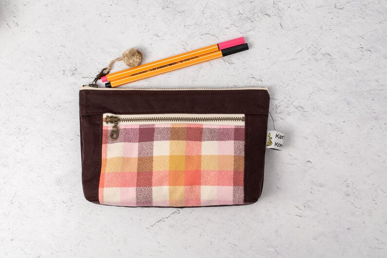 Wristlet Zippered pouch two zippers purse organizer cozy flannel plaid accent image 4