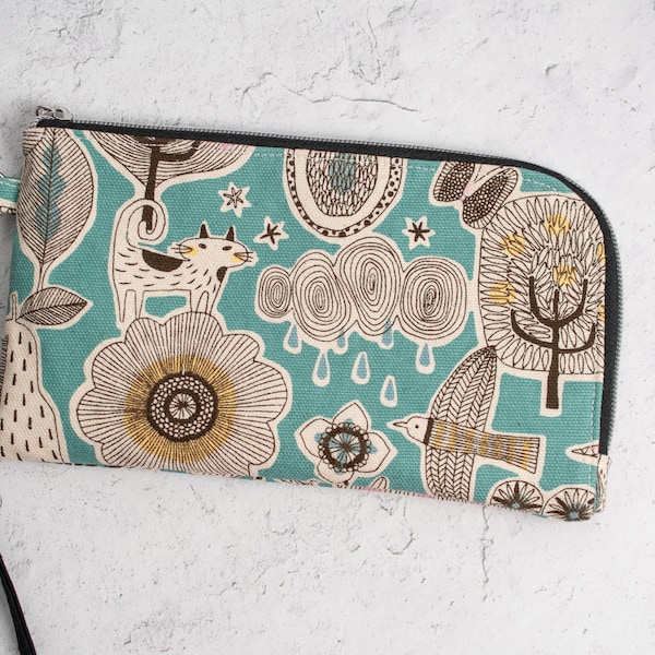 Wristlet with card slots and coin purse zipper - open wide for easy access - Yarrow Pouch - Fun Canvas Animal Print