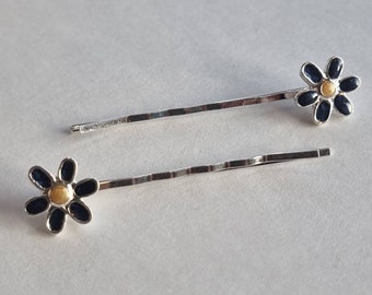 Vintage 1990s Novelty Gold and Black Enamel Flower Hair Slides, Bobby Pins, Kirby grips