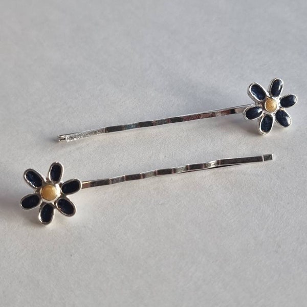 Vintage 1990s Novelty Gold and Black Enamel Flower Hair Slides, Bobby Pins, Kirby grips