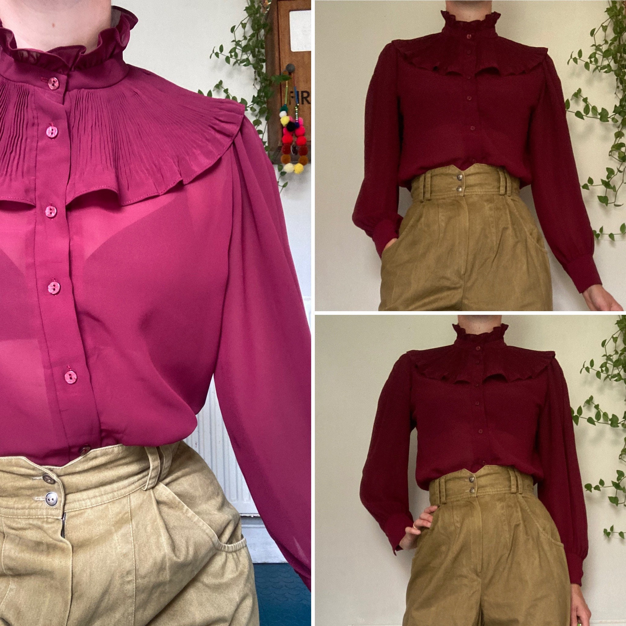 Image of Vintage S Burgundy Red Sheer Ruffle High Neck Shirt Cropped Top Uk
