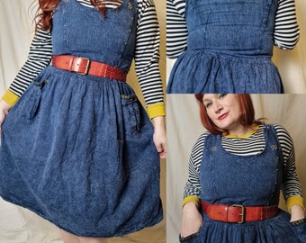 Vintage German Blue Denim Cotton Studded Pinafore Dress uk 14 16