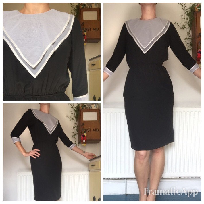 Image of Vintage S Black White Bib Detail Day Dress Size   Long Sleeves Sheer