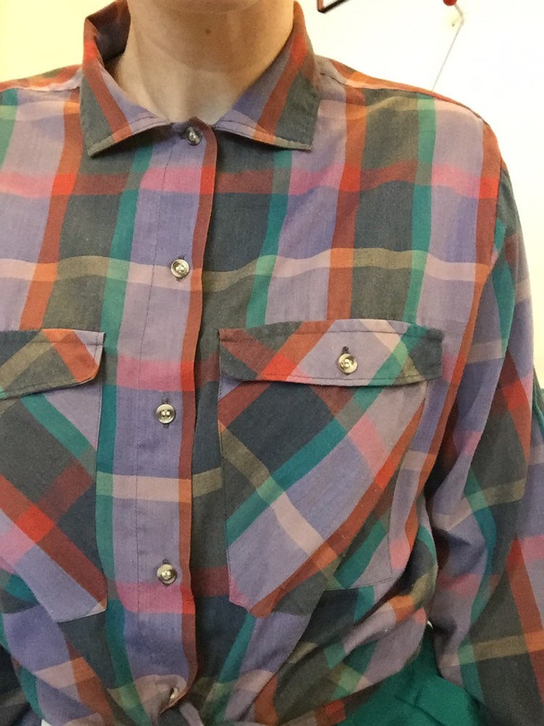 12 1980s vintage checked plaid oversized tie top shirt western style uk 10 14