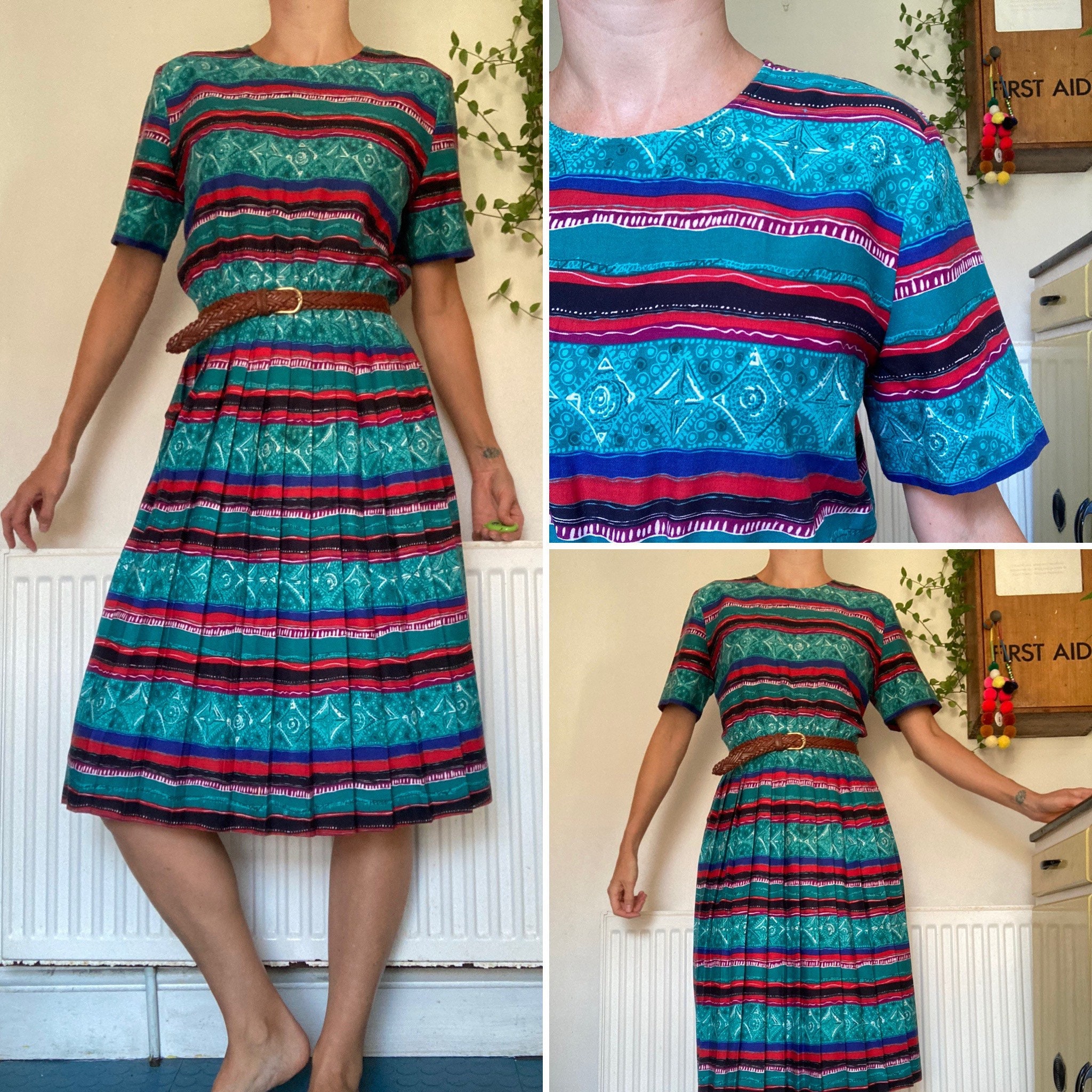 Image of S Vintage Teal Turquoise Blue Green Stripy Short Sleeve Pleated Dress Uk Size