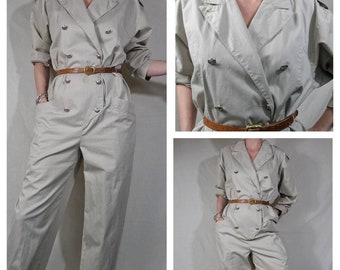 Vintage 1980s beige block colour Jumpsuit Boilersuit Overalls size 10 12 Uk