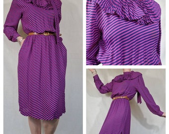 1980s Purple blue stripy abstract Pussy Bow day long sleeve dress size 10 12