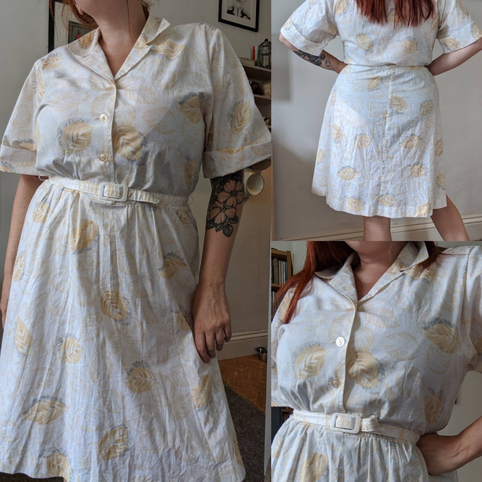 Image of Vintage S Button Front Yellow Leaf Print Shirtwaister Flared Dress Size   Plus Sized Volup