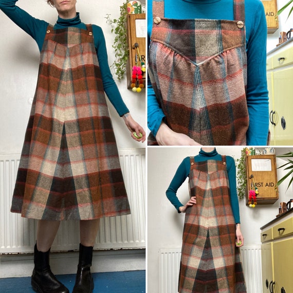 Vintage 60s Brown check pinafore apron Dress UK 1