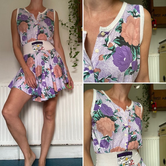 1980s vintage purple floral stretch jersey mini dr