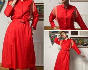 1990s oversized long cherry red dress vintage long sleeve shirt dress 1980s red long sleeve maxi dress size 16 lounge bat wing dress