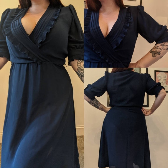 Vintage 1980s Sheer Navy Blue Floaty Dress Ruffled