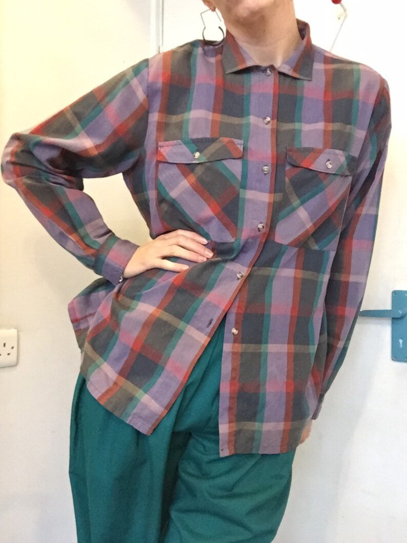 12 1980s vintage checked plaid oversized tie top shirt western style uk 10 14