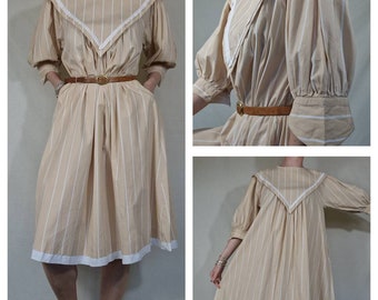 Vintage 1980s brown striped, collared balloon sleeve dress UK 12, aline tent dress