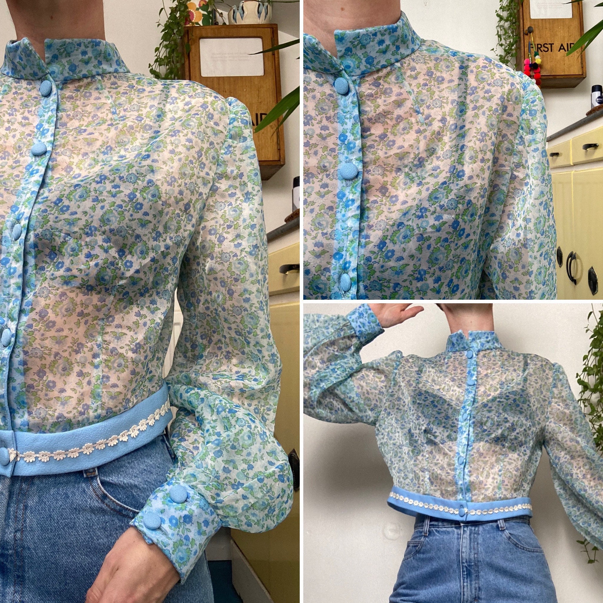 Image of Vintage S Blue Sheer High Neck Cropped Shirt Top Uk